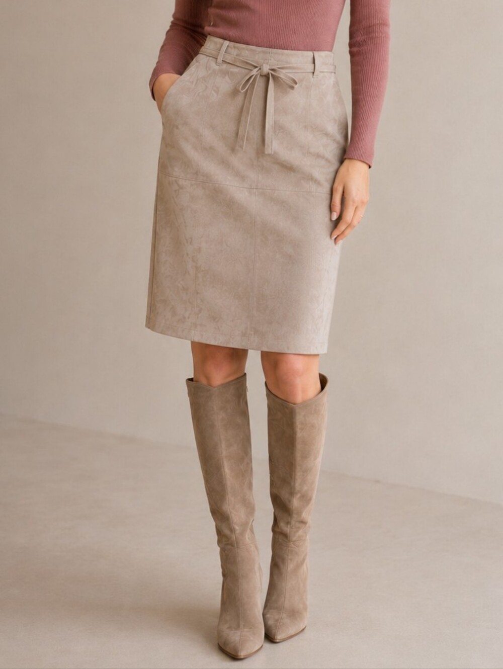 Suede Leather Pencil Skirt Tan Nuetral 10